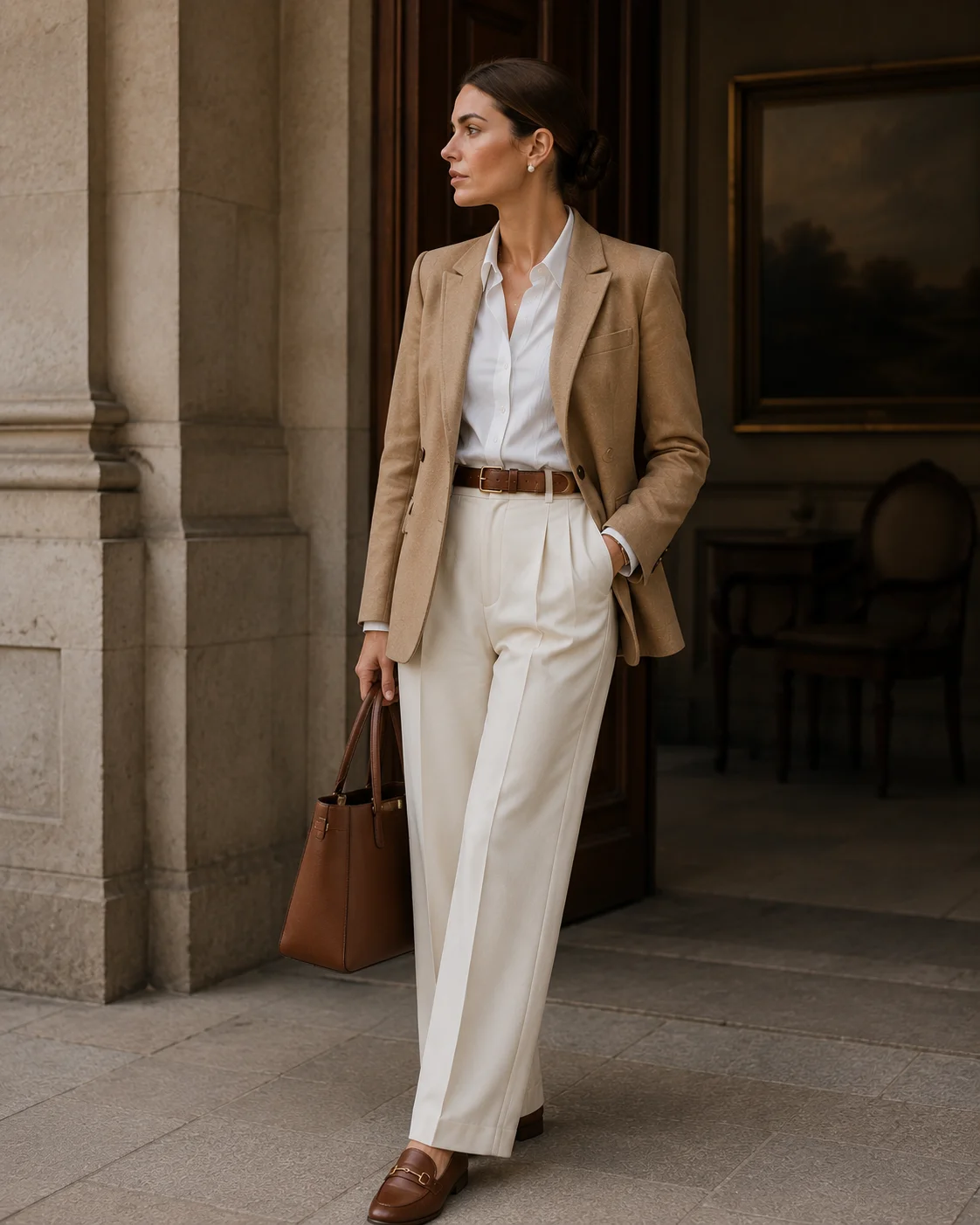 Look 1: The Blazer Over White Shirt and Trousers