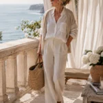 A cinematic luxury fashion editorial image created for an article section titled “Outfit 20: The Complete Coastal Grandmother” from “Coastal Grandmother Aesthetic: The Complete Outfit Guide for Women (2026)”. The image visually represents the ultimate expression of the coastal grandmother aesthetic through layered natural fabrics, timeless seaside elegance, and effortless quiet luxury. A sophisticated woman walks slowly along an elegant coastal terrace overlooking calm ocean water with pale stone architecture, flowing linen curtains, weathered wood accents, soft dune grasses, and warm golden-hour sunlight diffused through gentle coastal haze. The atmosphere feels serene, airy, and quietly luxurious — inspired by upscale seaside living in Nantucket, coastal Italy, and the Hamptons. The outfit centers around flowing white wide-leg linen trousers paired with an oversized white linen button-down shirt softly tucked at the front with the collar naturally open. Draped casually over the shoulders is a long cream linen cardigan adding softness, layering, and graceful movement. The layered monochromatic neutral styling becomes the visual focus of the composition, embodying the complete coastal grandmother aesthetic in its most authentic and refined form. Every element feels effortless, breathable, and intentionally understated. The wide-leg linen trousers move naturally in the ocean breeze while the oversized shirt and draped cardigan create depth and texture without losing the calm relaxed silhouette that defines the aesthetic. Footwear consists of elegant tan leather sandals with refined minimalist straps and premium craftsmanship, grounding the look within the warm natural palette. Accessories are timeless and essential to the styling narrative: a large woven straw tote, oversized sunglasses, a wide-brim straw hat casting soft shadows across the face, and delicate gold hoop earrings. Every accessory feels practical, natural, and quietly luxurious without appearing overly styled. Fabrics are breathable, tactile, and organic: washed linen, lightweight cotton, woven straw textures, smooth natural leather, and subtle metallic jewelry accents. Texture layering and natural movement are central to the visual storytelling. Lighting is soft, warm, and naturally golden with subtle ocean reflections and a dreamy coastal haze. The sunlight enhances the richness of the linen textures while preserving a cinematic editorial atmosphere filled with calm sophistication. The composition is highly editorial and Pinterest-optimized with balanced negative space for text overlay while keeping the layered linen silhouette as the dominant visual statement. Color palette includes warm white, cream, ivory, tan leather, straw beige, pale sand, driftwood tones, soft gold accents, and muted coastal neutrals. The mood is timeless, elegant, relaxed, and quietly wealthy. Ultra-realistic fashion photography, cinematic composition, high-end magazine aesthetic, soft film grain, shallow depth of field, luxury editorial styling, coastal grandmother aesthetic focus, layered linen seaside elegance, ultimate quiet luxury sophistication.