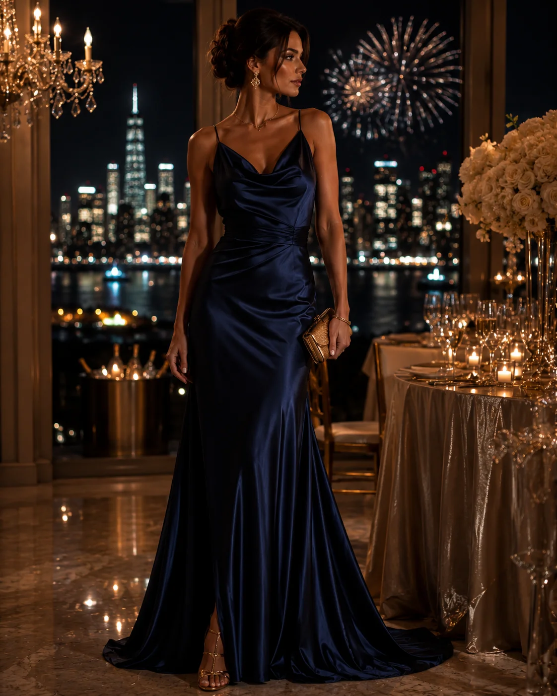 Outfit 5: The Midnight Blue Satin Maxi