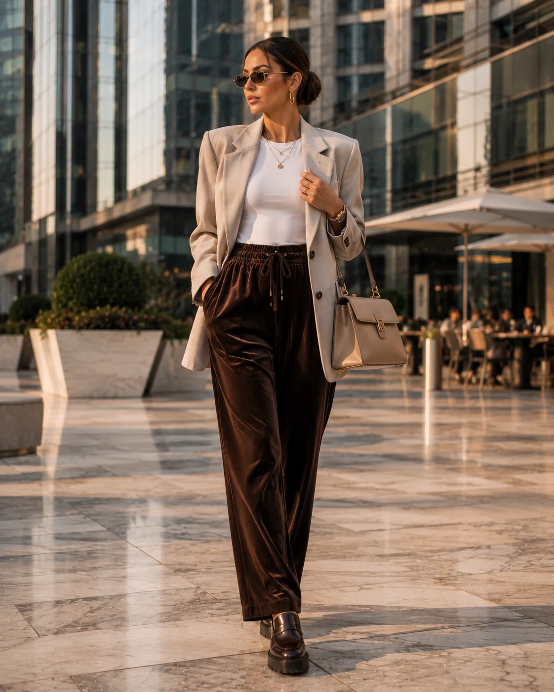 Idea 11: Velour Bottoms With a Structured Blazer
