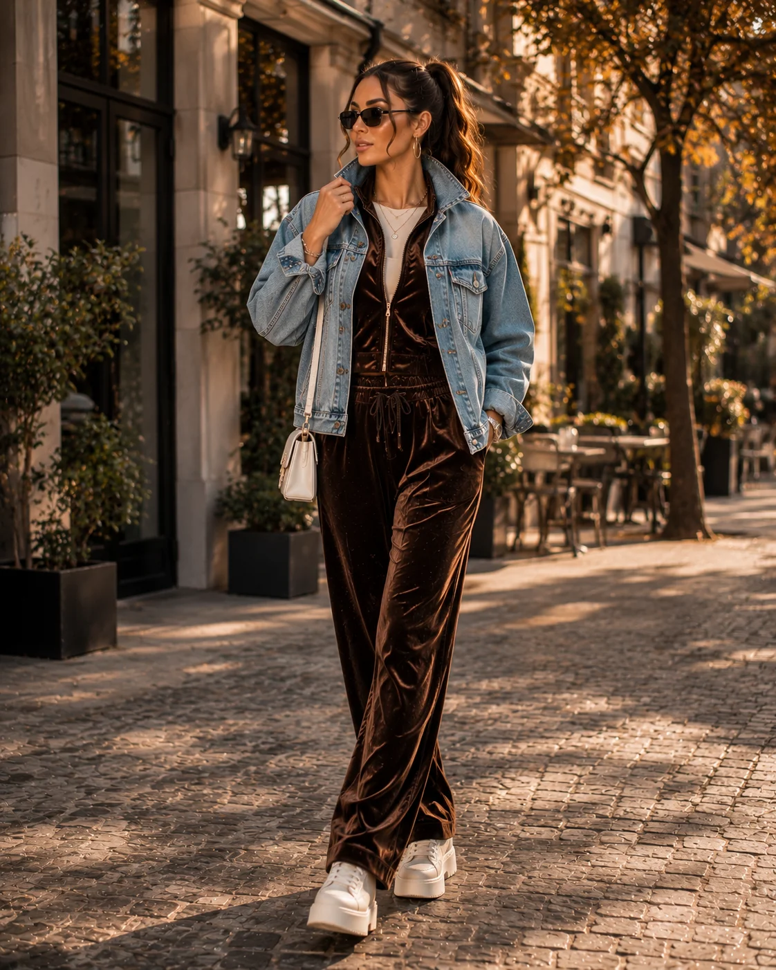 Idea 13: Velour Set With a Trucker Jacket Over It