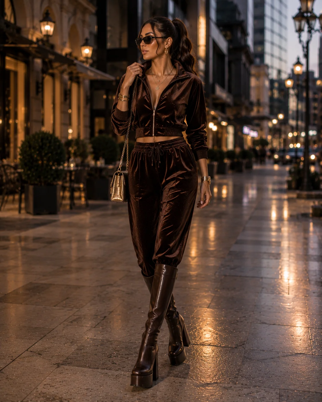 Idea 15: Full Velour Set Worn With Statement Boots