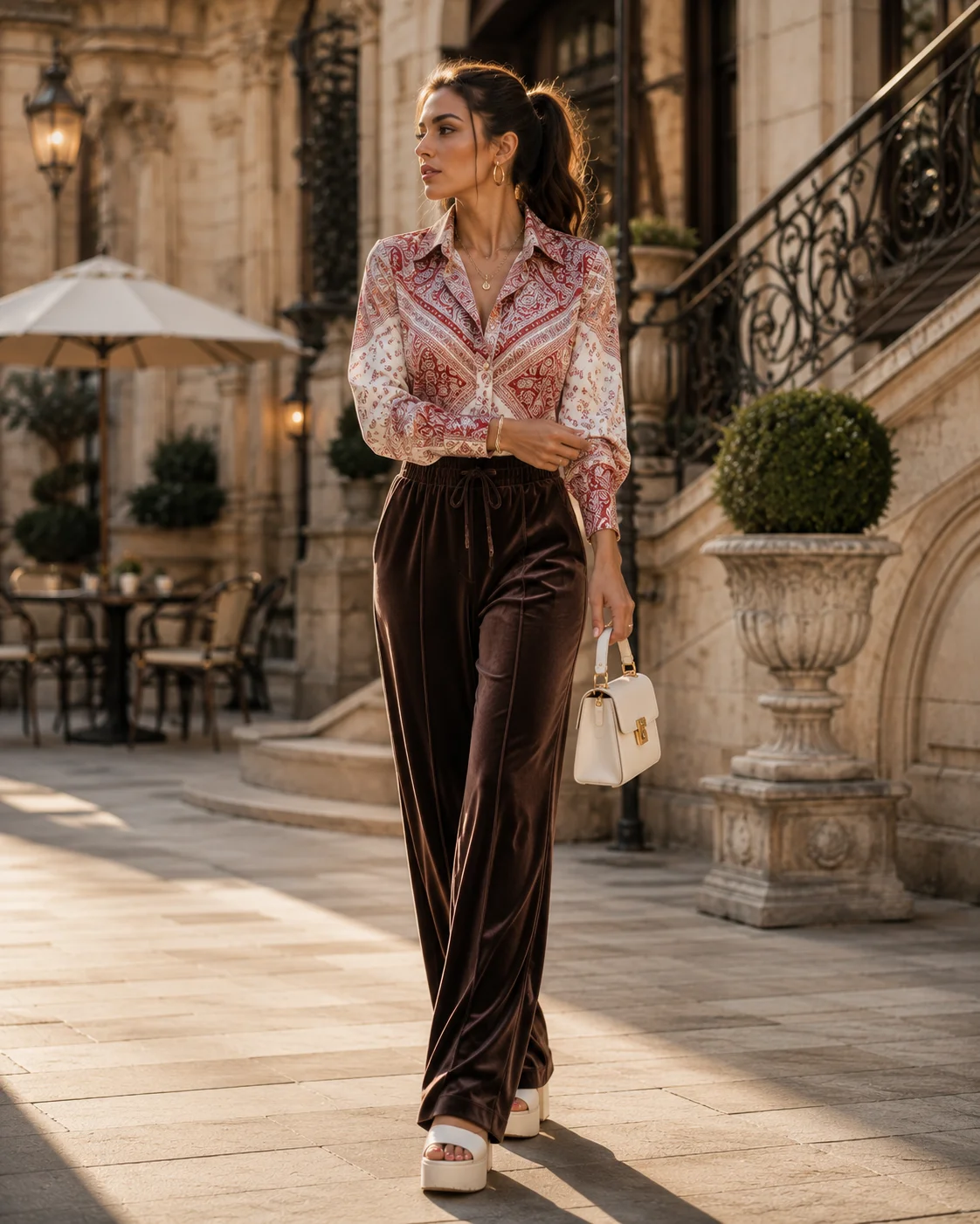 Idea 2: Velour Trousers With a Bandana Blouse
