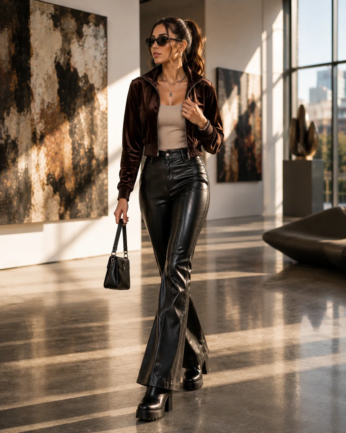 Idea 4: Velour Top With Faux Leather Trousers