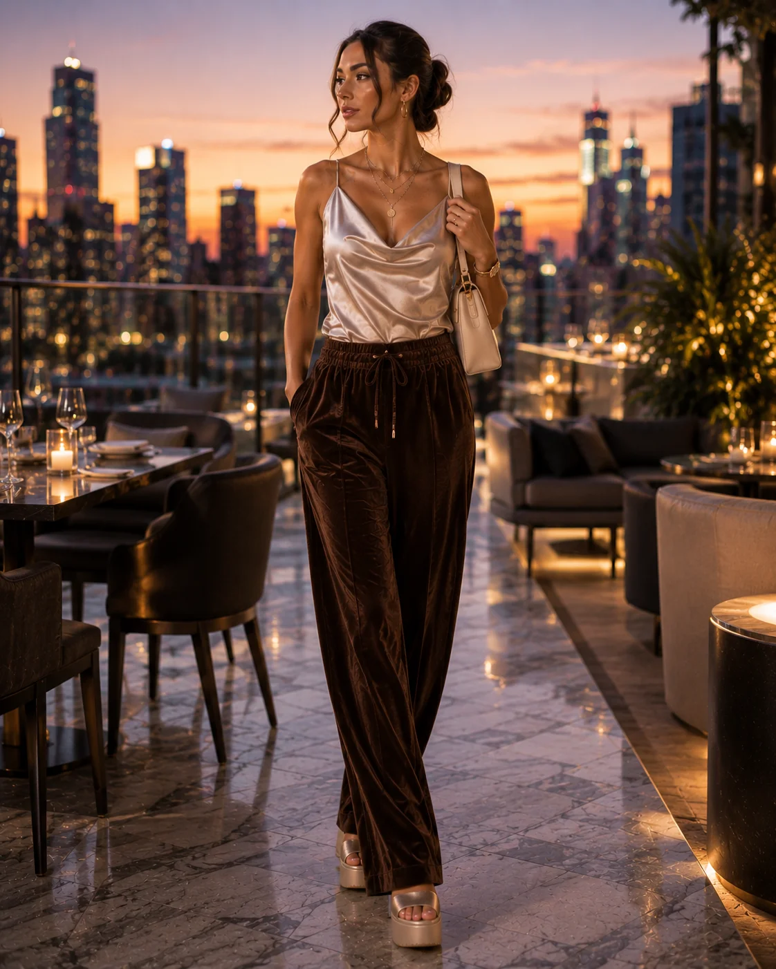 Idea 5: Velour Bottoms With a Cowl-Neck Top