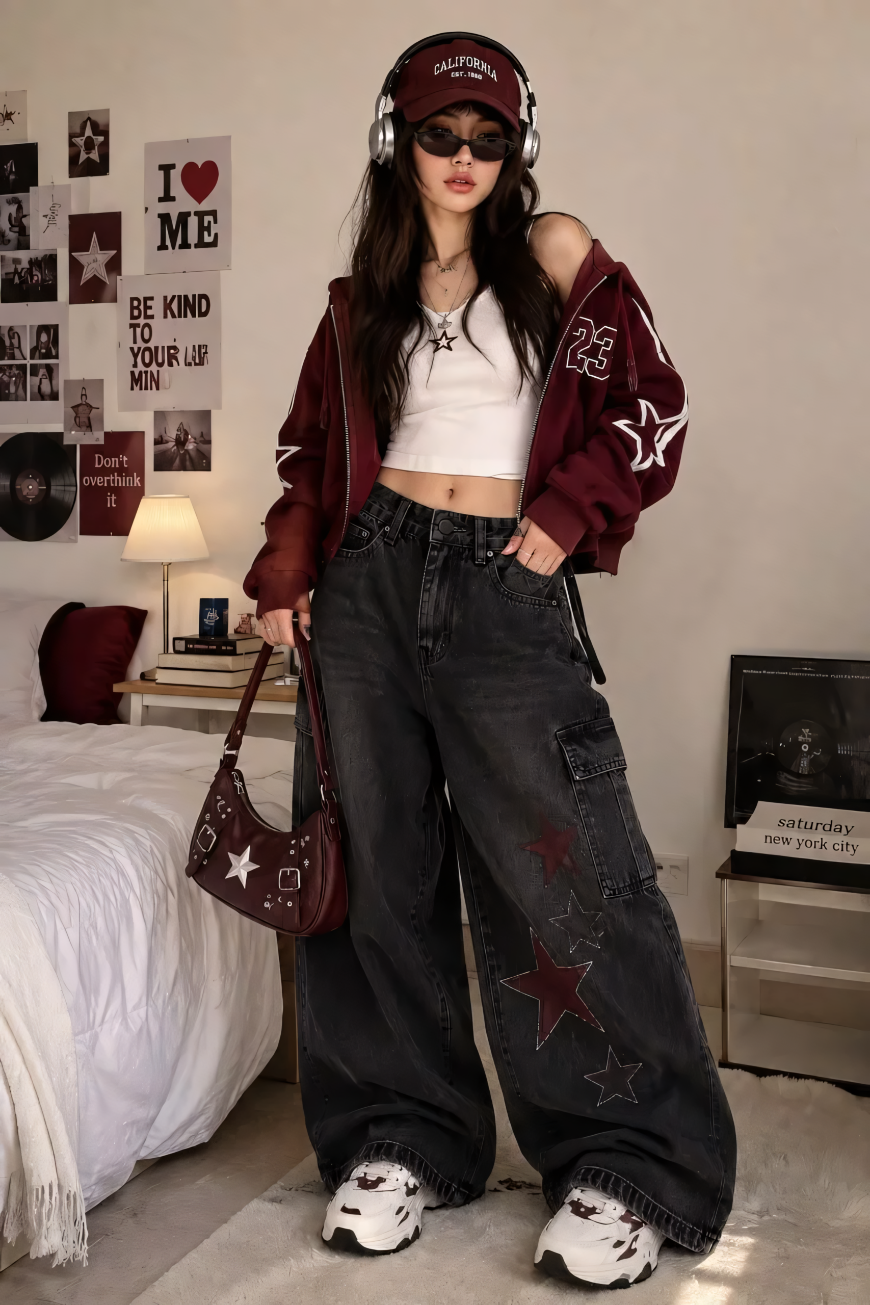 Outfit 2: The Star-Print Jeans and Varsity Bomber