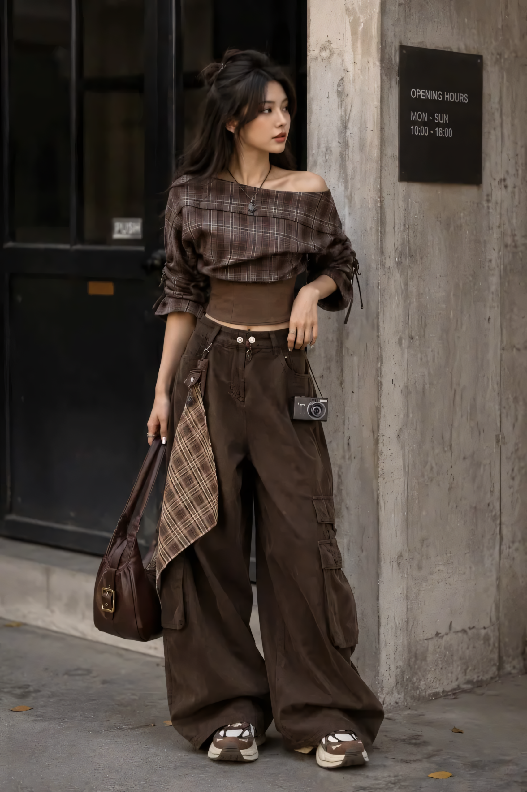 Outfit 4: The Brown Plaid Off-Shoulder