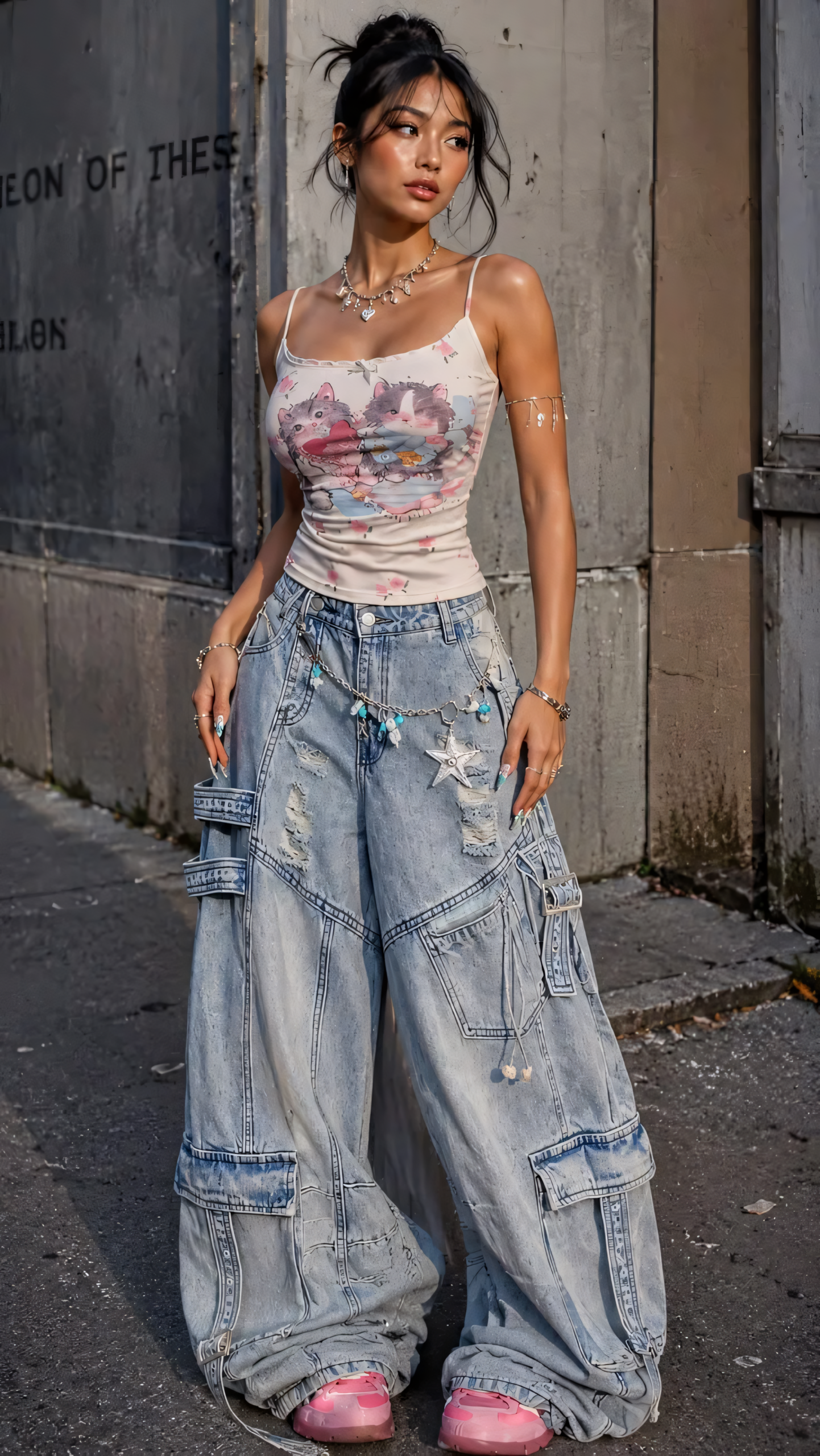 Outfit 10: The Soft Y2K — Kitten Print and Light Wash Baggy
